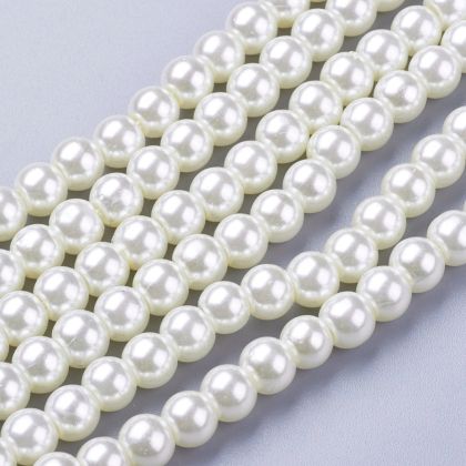 Стъклени мъниста, бяла перла 6 мм - наниз около 140 бр