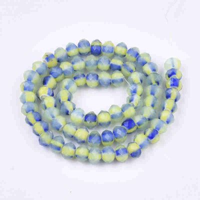 Стъклени фасетирани 8x5мм мъниста в прозрачен и RoyalBlue наниз