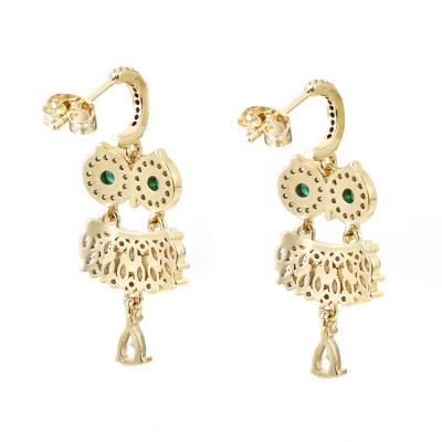 Обеци Сова с инкростация от Cubic Zirconia  - позлатени 16К гръб